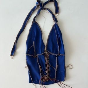 Blue Stretch Lace Front Halter Top